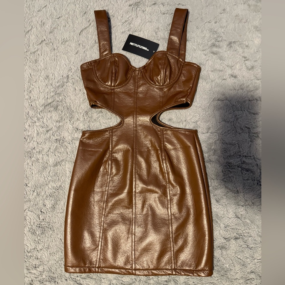 Leather Cut Out Brown Dress